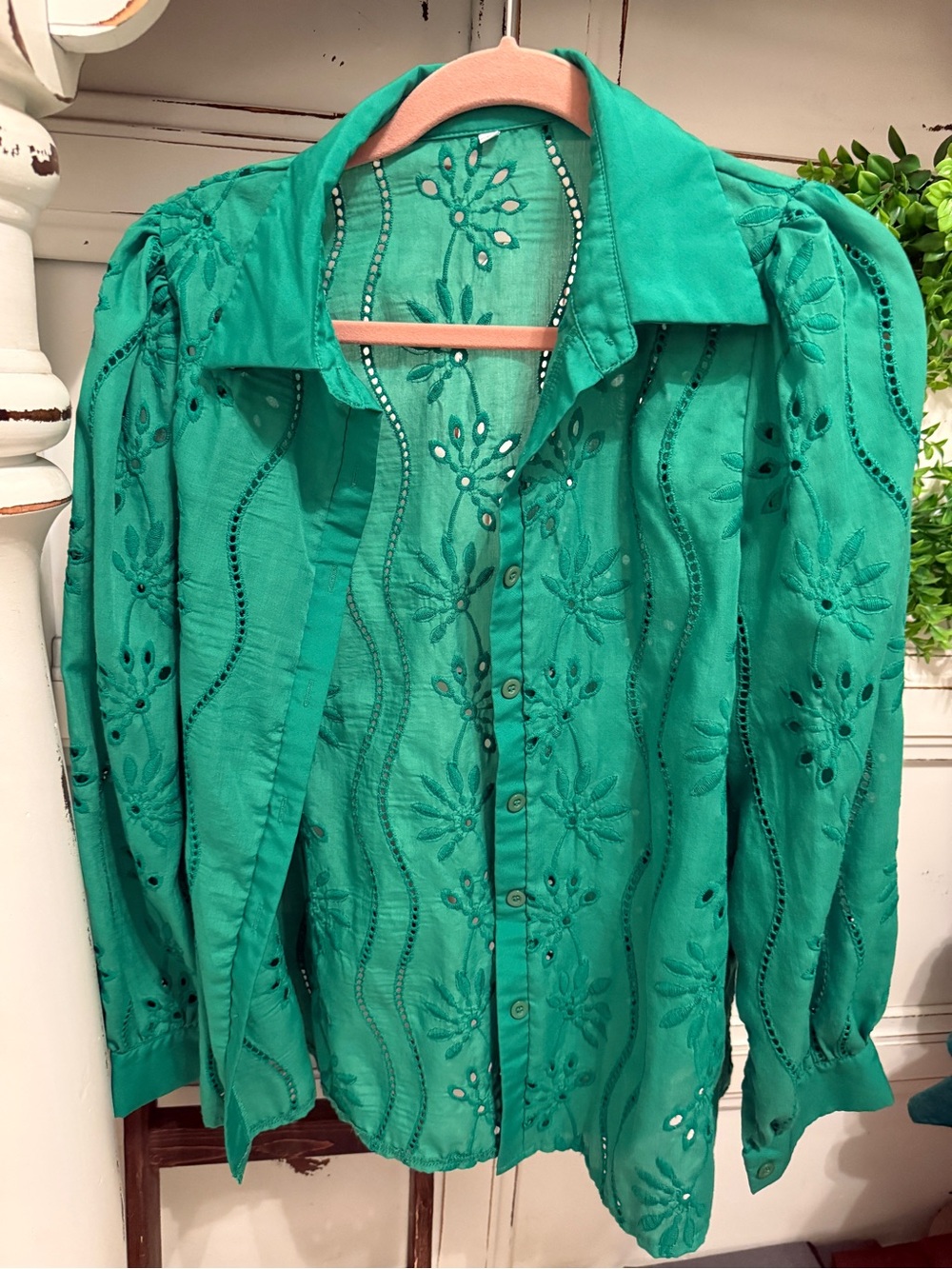 Women’s Embroidered Green Button-Front Blouse - Picture 3 of 5